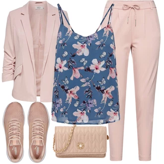 Outfit s Růžová Jogger Kalhoty/Mrkvová Kalhoty/Ležérní Kalhoty/Navlékací Kalhoty/Žerzejová Kalhoty/Teplák/Mušelínové kalhoty/Sportovní kalhoty střední délky Only "Jarní outfit"