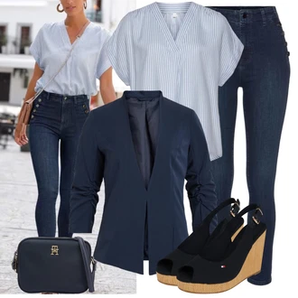 Rovná noha Outfit s Tmavě modrá/Modrá Džíny Push up Džín/Kožené Boty/Navlékací Džíny/Termální Džíny/Motorkářské Džíny/Capri Džíny/Kožená bunda/Dámské Džíny s Délkou 7/8 VIVANCE "Jarní outfit"