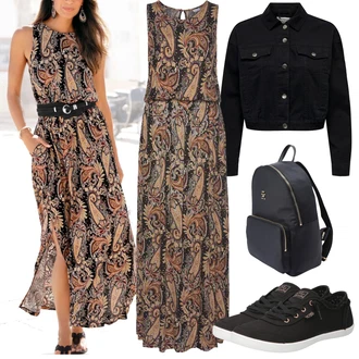 Bez rukávů Dlouhé Outfit s Hnědá/Béžová Boho Letní Šaty/Šaty S Potiskem/Dlouhé Letní Šaty/Maxi Šaty Lascana "Jarní outfit"