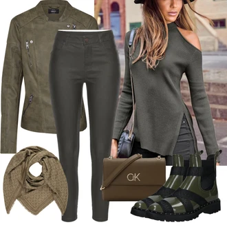 Outfit s Tmavě zelená Kozačka Kožená bunda/Gumová Kotníková Bota/Lodička s Přezkou/Bota Bez Tkaničky/Teniska s dírkovaným vzorem/Dámská Ponožková Bota/Nepromokavá Bota LEMON JELLY "Jarní outfit"