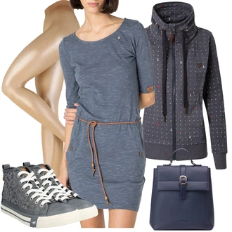 Outfit s Šedá/Tmavě šedá/Tmavě modrá Mikina/Pletená Mikina s kapucí Alife and Kickin "Jarní outfit"