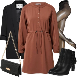 Nadrozměrné Outfit s Tmavě hnědá/Hnědá Košilové šaty/Šaty S Kosticí/Tunikové šaty/Šaty na Podzim/Šaty s dlouhým rukávem/Halenkové Šaty/Zimní šaty s dlouhým rukávem About You "Jarní outfit"Look: Mom, Příliš oblečený, Nadrozměrné, Univerzitní, Western