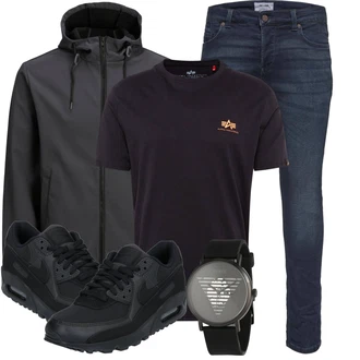 Outfit mit Dunkelblau/Blau Jeans Lederjacke/Leder Schuhe/Slim Fit Jeans/Winterjacke/Push up Jeans/ThermoJeans/Low Rise Jean/Herren Lederjacke/Biker Jeans Only & Sons "Lässiger Freizeit Look"