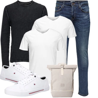 Outfit mit Schwarz/Dunkelblau Basic Pullover/FeinStrickpullover/Kaschmir Pullover/Strickpullover/Rundhals Pullover/Einfacher Pullover/Thermo Pullover/Wollpullover Only & Sons "Lässiger Freizeit Look"