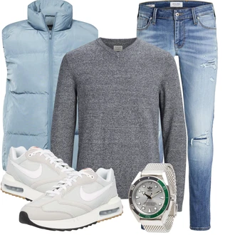 Outfit mit Blau/Hellblau Jeans mit Loch/Lederjacken/Lederjacke/Low Rise Jean/Jeans mit Schlitz/Knöchelstiefel/Biker Jeans/Low Waist Jean/Slim Fit Jeans Jack & Jones "Lässiger Freizeit Look"