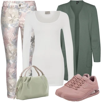 Outfit s Šedá/Hnědá/Fialová/Růžová Termální Džíny/Zkrácené Džíny/Kotníková Bota/Kožené Boty/Capri Džíny/Dámské Džíny s Délkou 7/8/Kožená bunda/Navlékací džíny Lascana "Módní jarní outfit"