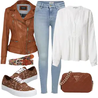 Podzim Outfit s Bílá/Krémová/Khaki Slip-on Halenka/Halenka s Dlouhým Rukávem/Kožená bunda pro muže/Halenkové Body/Sportovní Halenka/Oversize Muselínová Blůza About You "Módní jarní outfit"