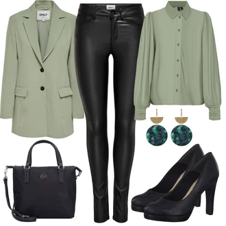 90tá léta, Styl Outfit s Zelená/Světle zelená Halenka se Stojatým Límcem/Halenka s Nafouknutým Rukávem/Neobvyklá Halenka/Kožená bunda/Blůza s knoflíčkem/Jednobarevná Halenka/Halenkové Body VERO MODA "Módní jarní outfit"Look: Klasické, Styl, Kancelář, Nadrozměrné, S průsvitem