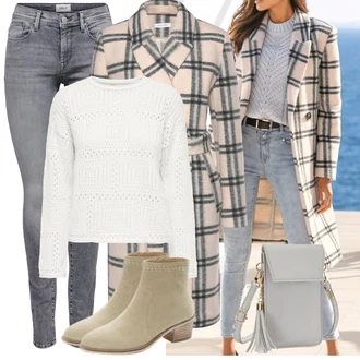 Outfit s Krémová/Šedá/Bílá Jednoduchý Svetr/Zimní Svetr/Svetr z Jemné Pleteniny/Svetr Niki/Basic Svetr/Kašmírový Svetr/Svetr s Třásněmi/Svetr s Výstřihem/Svetr Carmen/Vlněný Svetr/Pletený Svetr Only "Módní jarní outfit"