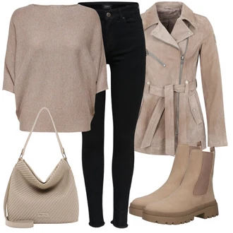 Italský Outfit s Hnědá/Béžová Chelsea Boty/Kožená bunda/Plochá Kotníková Bota About You "Módní jarní outfit"Look: Italský, Venkovní, Chytrý příležitostný, Unisex