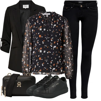 Zapínání na knoflíky Outfit s Černá/Oranžová/Vícebarevný/Hnědá/Žlutá Halenka s Potiskem/Rozverná blůza/Vzorovaná Halenka/Neobvyklá Halenka/Crash blůza/Halenka s Mašlí/Halenkový Top About You "Módní jarní outfit"