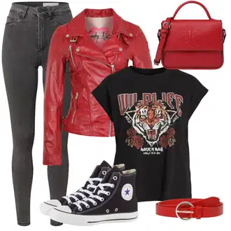 Običan Outfit sa Crna Samtaste Tajice/Jeggings/Pletena Tajica/Tajice s Prorezom/Podstavljena Tajica/Neprozirna Tajica/Kožna Jakna/Tople Tajice Noisy may "Outfit za slobodno vrijeme"Look: Stil, Rap, Običan, Vanjski, cool