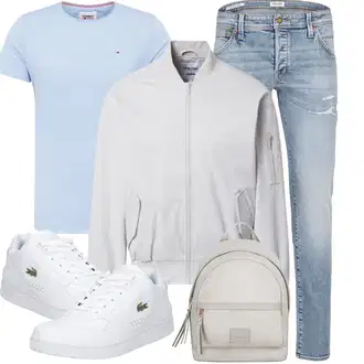 Outfit mit Hellblau/Blau Knöchelstiefel/Boyfriend Jean/Cropped Jeans/Girlfriend Jeans/Jeans mit Schlitz/Jeans mit Loch/Low Rise Jean/Low Waist Jean/Lederjacken/Lederjacke/Slim Fit Jeans/Tapered-Jeans Jack & Jones "Outfits für jeden Tag"