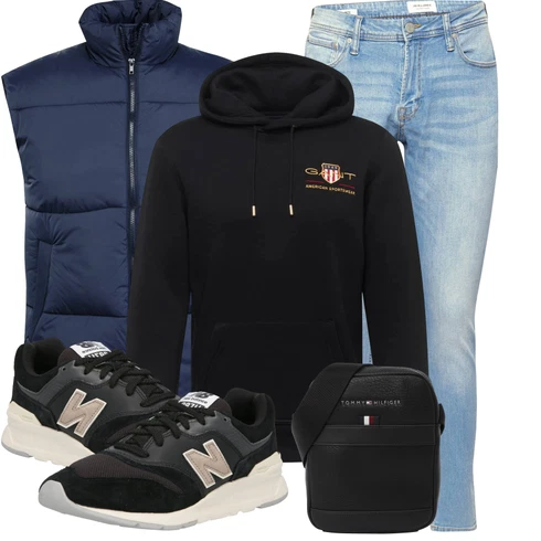 Hellblau Jeans mit Schlitz/Leder Schuhe/Push up Jeans/SchlupfJeans/Damen 7/8-Länge Jeans/CapriJeans/Tapered-Jeans/Girlfriend Jeans/Cropped Jeans/Slim Fit Jeans/Knöchelstiefel/Lederjacke/Herren Lederjacke Jack & Jones kombinieren mit Blau/Dunkelblau Ärmellose Weste/Isolationsweste/Puffer Weste/Daunenweste/Kurze Weste/Steppweste/Wendeweste About You