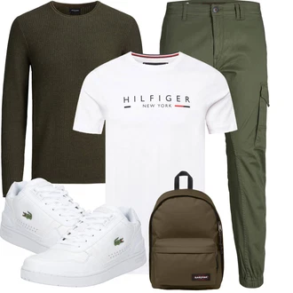 Outfit mit Dunkelgrün/Khaki Basic Pullover/FeinStrickpullover/Kaschmir Pullover/Strickpullover/Rundhals Pullover/Einfacher Pullover/Wollpullover Jack & Jones "Perfekt für die Freizeit"