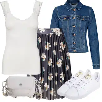Outfit s Modrá/Fialová/Šedá 50tého Léta Sukně/60tého Léta Sukně/90tá Léta Sukně/Křesťanská Sukně/Sukně S Květinovým Vzorem/Midi Sukně/Moderní Sukně/Plisovaná sukně/Sukně s potiskem About You "Perfektní na jaro"