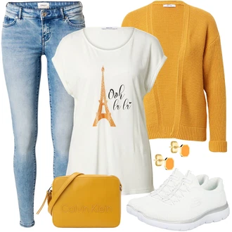 Outfit s Oranžová Dlouhé Šaty/Slim Fit Džíny/Dlouhé Kardigany/Dlouhý Svetr/Taška Přes Rameno/Dlouhý Zimní Kabát/Dlouhá tylová sukně/Doplňek Calvin Klein "Perfektní na jaro"