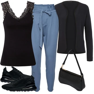 Outfit s Šedá/Modrá/Světle modrá Baggy Kalhoty/Boyfriend Kalhoty/Mrkvová Kalhoty/Ležérní Kalhoty/Harémová Kalhoty/Kalhoty s Vysokým Pasem/Mušelínové kalhoty/Kalhoty se Štěrbinou/Paperbag Kalhoty VERO MODA "Perfektní na jaro"