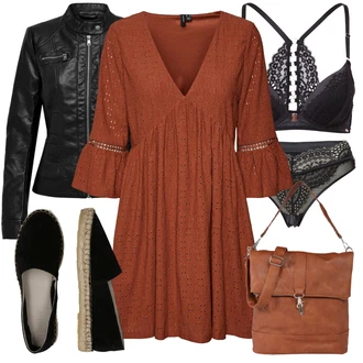 Výstřih na ramena Outfit s Červená/Oranžová/Hnědá Boho Letní Šaty/Šaty na Podzim/Tunikové šaty/Šaty S Kosticí/Boho Šaty Elegantní/Šaty s 3/4 Rukávem/Halenkové Šaty/Šaty s trumpetovým rukávem VERO MODA "Perfektní na jaro"