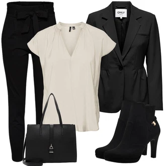 Outfit sa Crna Hlača sa Stremenom/Hlače Visokog Struka/Paperbag Hlača/Pletena Tajica VERO MODA "Poslovni look za žene"
