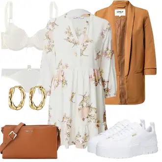 Matični ured Nevesta Outfit sa Bijela/Smeđa/Bež/Krem Haljina Veći Broj/Tunika/Haljina/Bluza I Tunika About You "Proljetni outfit za žene"Look: Matični ured, Posebne prigode, Brvnare, Krštenje, Majčin dan