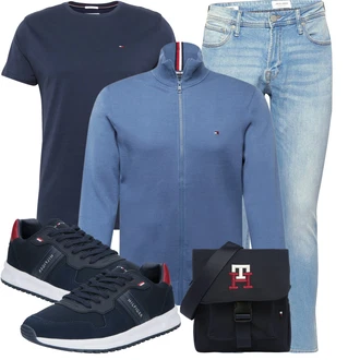 Knielang Outfit mit Dunkelblau/Blau/Hellblau Teddy Sneaker/Sommer Sneaker/Sneaker Low/Schmaler Sneaker Tommy Hilfiger "Schönes Freizeit Outfit"