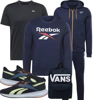 Sportlich Outfit mit Dunkelblau/Dunkelgrau/Grau/Schwarz T-Shirt & Top/Funktions T-Shirt/Mesh Shirt/T-Shirt Training Reebok "Sport outfit"Look: Uni, Hip Hop, Maritim, Premium, Skater, Sportlich, Unisex, Workwear