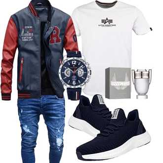 Outfit mit Rot/Blau/Dunkelblau/Dunkelrot Bikerjacke/Außergewöhnliche Jacke/Trachtenstrickjacke/KunstLederjacke/Motorradjacke/Lederjacke/Sportjacke/Vintage Jacke/Leder Bomberjacke/Collegejacke Vogstyle "Stylisches Outfit für den Frühling"