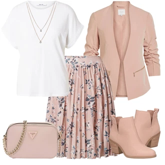 Retro Lyže Outfit s Růžová/Zlatý Náhrdelník/Bohatě zdobený náhrdelník/Jemný Řetízek Pilgrim "Stylová kombinace na jaro"Look: Styl, Elegantní, Old Money, Retro, 80tá léta, Plavání, Lyže