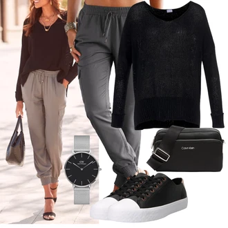 Outfit s Černá Svetry 2 v 1/Basic Svetr/Svetr Carmen/Svetr s Výstřihem/Svetr z Jemné Pleteniny/Třpytivý Svetr/Kašmírový Svetr/Pletený Svetr/Mohair Pullover/Svetr Niki/Jednoduchý Svetr/Vlněný Svetr Lascana "Stylová kombinace na jaro"