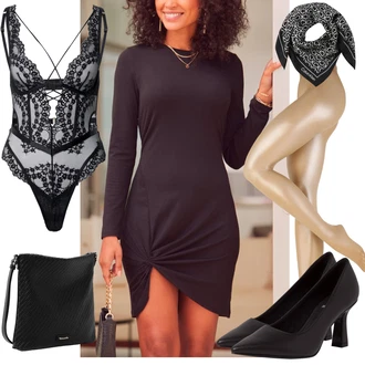 Zima Outfit s Šedá/Zelená/Černá/Tmavě šedá Asymetrické Šaty/Šaty S Rolákem/Pouzdrové Šaty S Dlouhým Rukávem/Zimní šaty s dlouhým rukávem/Žerzejové Šaty Lascana "Stylová kombinace na jaro"