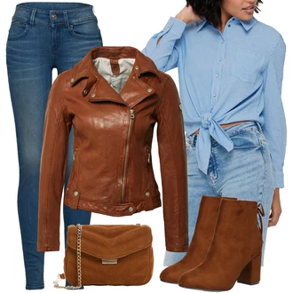 S Mašlí Outfit s Světle modrá/Modrá Zavazovací Halenka/Halenka S Mašlí/Halenkové Body/Džínsová Blůza Only "Stylový look na jaro"