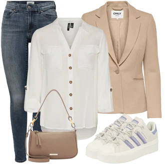 Zapínání na knoflíky Outfit s Šedá/Khaki/Bílá/Hnědá/Béžová/Světle zelená Tunikové Tričko/Halenka S 3/4 Rukávem/Blůza s nášivkou na lokti/Oversize Muselínová Blůza/Kožená bunda/Blůza s knoflíčkem Vero Moda Tall "Stylový look na jaro"