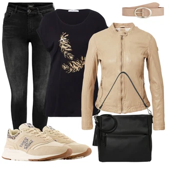 Outfit s Černá/Tmavě šedá/Šedá/Světle šedá/Khaki Kožená bunda/High Waist Džínové Kalhoty/Motorkářské Džíny/Termální Džíny/Push up Džín/Kožené Boty/Zimní bunda/Džíny s Rozparkem Only "Stylový look na jaro"