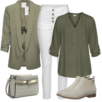 Krátká Outfit s Khaki/Tmavě zelená Kožená bunda/Dlouhá Halenka/Klasická tunika/Halenka S 3/4 Rukávem/Blůza s knoflíčkem/Jednobarevná Halenka/Tunikové Tričko Lascana "Stylový look na jaro"