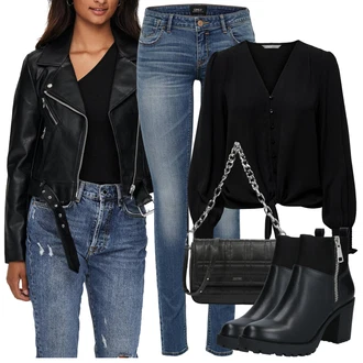 S nýtováním Kůže Outfit s Černá Kozačka Plochá Kotníková Bota/Gumová Kotníková Bota/Chelsea Boty/Motorkářská bota/Kožená bunda/Kožená kotníková bota Only "Stylový look na jaro"