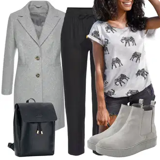 Outfit s Šedá/Světle šedá Frock Kabát/Kašmírový Kabát/Kabát Bouclé/Blazerový Kabát/Midi Kabát/Zimní Kabát Vlněný kabát/Lehký Kabát/Tweedový Kabát/Kabát s Úzkým Střihem/Vlněný Fleecový Kabát Lascana "Stylový look na jaro"