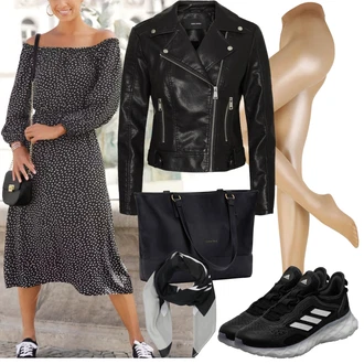 Outfit s Černá/Zelená Košilové šaty/Šaty s dlouhým rukávem/Šaty na Podzim/Zimní šaty s dlouhým rukávem/Halenkové Šaty/Šaty Niki/Šaty s puntíky/Šaty S Potiskem/Midi Šaty Lascana "Stylový look na jaro"