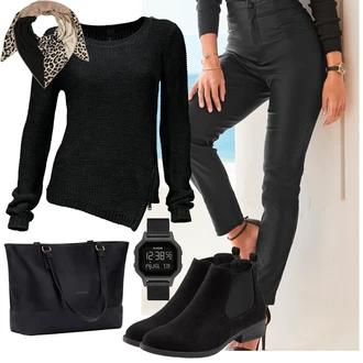 Outfit s Černá Kozačka Chelsea Boty/Kožená bunda/Plochá Kotníková Bota/Kotníková Bota s Podšívkou Lascana "Stylový look na jaro"