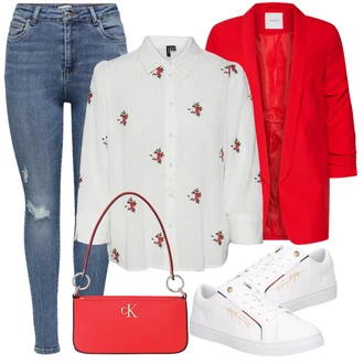 Outfit s Červená/Tmavě červená Oversize Sako/Boyfriend Sako/Dlouhý Sako/Teplákový blejzr/Kožená bunda pro muže Pieces "Stylový look na jaro"