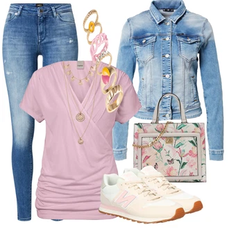 Outfit s Růžová/Zlatý Sada šperků/Náhrdelník/Bohatě zdobený náhrdelník/Statement náhrdelník Pilgrim "Stylový look na jaro"