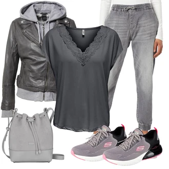 Džínovina Outfit s Šedá/Tmavě šedá/Světle šedá Boyfriend Džínové kalhoty/Zužující se Džíny/Termální Džíny/Pánské tričko/Kožená bunda/Dad Džíny/Sweat Džíny/Mom Jean/Girlfriend Džíny/Formální Košile Only "Stylový look na jaro"