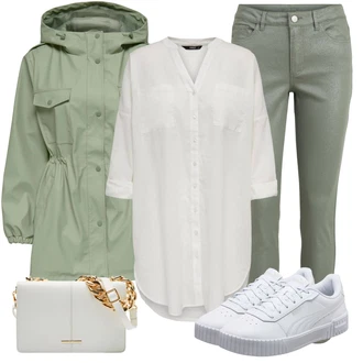 Outfit s Tmavě Zelená/Khaki/Zelená/Světle Zelená Kožená bunda/Dámské Džíny s Délkou 7/8/Kotníková Bota/Motorkářské Džíny/Capri Džíny/Zkrácené Džíny/Slim Fit Džíny/Kožené Boty/Termální Džíny Vila "Stylový look na jaro"