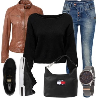 Outfit s Modrá/Bílá Kožené Boty/Push up Džín/Džíny s Nízkým Sedem/Slim Fit Džíny/Kožená Pánská Bund/Džín s Nízkým Pasem Gang "Stylový look na jaro"