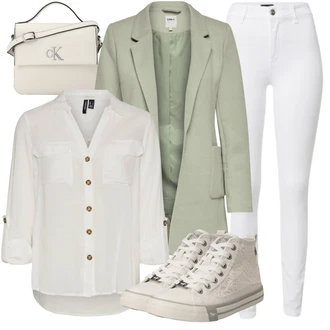 Outfit s Šedá/Khaki/Bílá/Hnědá/Béžová/Světle zelená Tunikové Tričko/Halenka S 3/4 Rukávem/Blůza s nášivkou na lokti/Oversize Muselínová Blůza/Kožená bunda/Blůza s knoflíčkem Vero Moda Tall "Stylový outfit na jaro"
