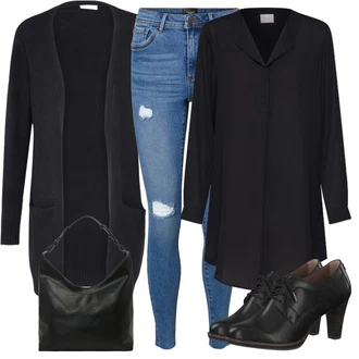 Elegantní Outfit s Černá/Tmavě modrá Tunikové Tričko/Oversize Halenka/Elegantní Tunika/Klasická tunika/Dlouhá Halenka Vila "Stylový outfit na jaro"Look: Styl, Elegantní, Kancelář, Příliš oblečený, Nadrozměrné, Univerzitní, Retro