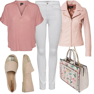 Outfit s Růžová/Béžová/Modrá Kožená Sukně Kožená Minisukně "Stylový outfit na jaro"