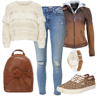 Outfit s Krémová/Béžová/Hnědá/Bílá Svetr s Třásněmi Only "Stylový outfit na jaro"