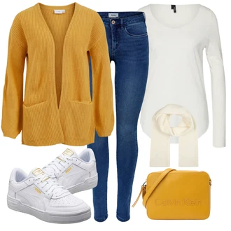 Outfit s Oranžová Dlouhé Šaty/Slim Fit Džíny/Dlouhé Kardigany/Dlouhý Svetr/Taška Přes Rameno/Dlouhý Zimní Kabát/Dlouhá tylová sukně/Doplňek Calvin Klein "Stylový outfit na jaro"