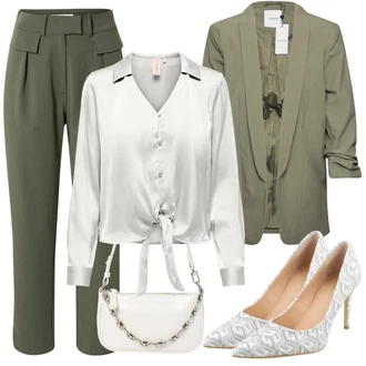 S Mašlí Outfit s Šedá/Stříbrný/Béžová/Bílá/Hnědá/Khaki Saténová Halenka/Zavazovací Halenka/Halenka S Mašlí/Hedvábná Halenka/Carmen Blůza Only "Stylový outfit na jaro"